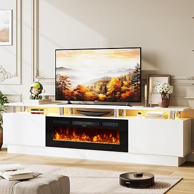 OneBlis 80" TV Stand & Media Console, Entertainment Center with Storage Shelves, Fits TVs up to 90", Modern Living Room Cabinet, 36" Electric Fireplace (White+Black)