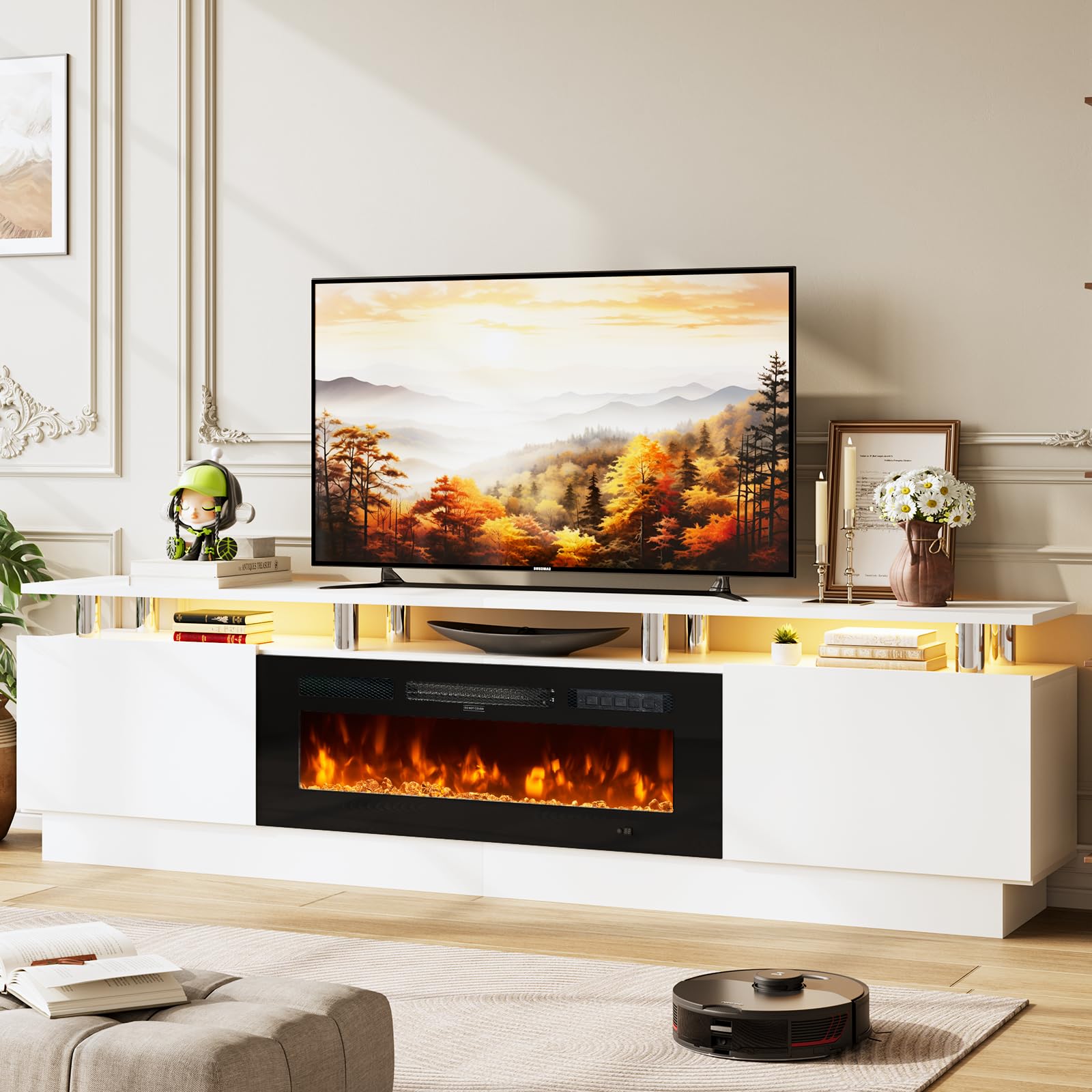 Photo 1 of ***PARTIAL SET, BOX 1/2 ONLY*** OneBlis 80" TV Stand & Media Console, Entertainment Center with Storage Shelves, Fits TVs up to 90", Modern Living Room Cabinet, 36" Electric Fireplace (White+Black)