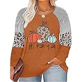 Plus Size Pumpkin Tshirt Women Cute Graphic Halloween Thanksgiving Tees Casual Raglan Long Sleeve Fall Holiday Tops