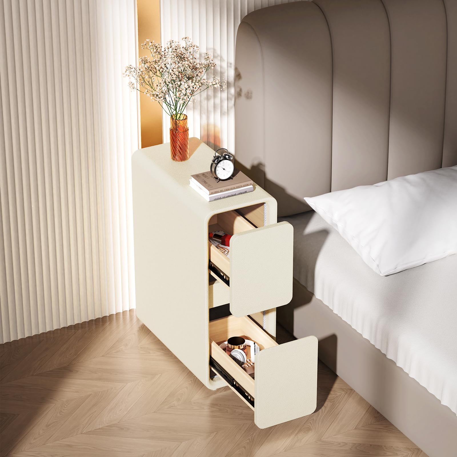 Photo 1 of ***MINOR DAMAGE*** VICITON Modern Narrow Faux Leather Nightstand, Solid Wood Drawer, Storage Accent Table, Small Side End Table for Bedroom (Cream White, Narrow)