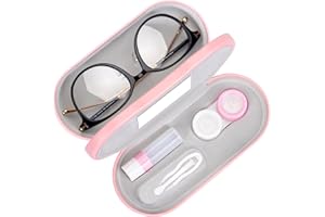 Muf 2 in 1 Contact Lens Case and Glasses Case, Double Sided Design with Mirror, Portable Travel Kit with Tweezer, Remover and Solution Bottle, Pink