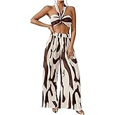 OYOANGLE Women's 2 Piece Vacation Outfits Graphic Print Knitted Crop Halter Top and Wide Leg Pants Set