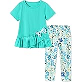 SOLOYEE Toddler Girl Clothes 2-8Years Girls Outfit, Short Sleeve Ruffle Bowknot Top+Floral Capri Pants 2Pcs Spring Summer Set