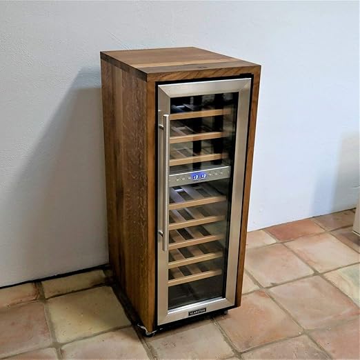 exklusiver 2-Zonen Weinkühlschrank mit Fassholz von alten Weinfässern (Eiche), für 26 Flaschen Einzelstück, extrem leise und 