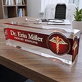 Artblox Office Desk Name Plate Personalized | Custom Name Plates For Desks | Medic Design On Clear Acrylic Glass | Cute Office Desk Accessories Customized Gifts - (8" x 2.5")