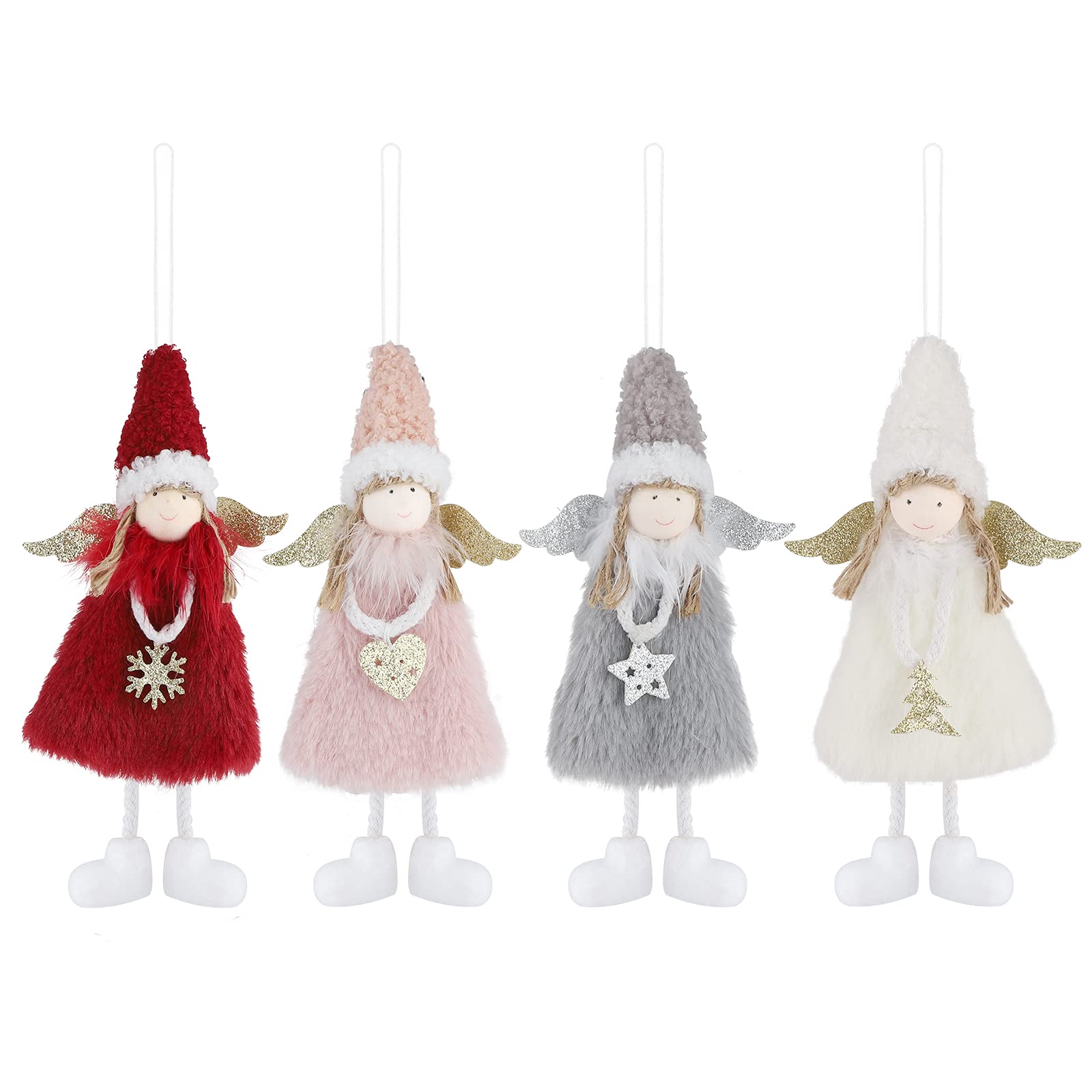 Christmas Angel Wings Ornaments - 4Pcs Plush Decorations, Hanging Doll Pendant, Tree Decoration Feathers for Kids, Xmas Crafts, Elves, Holiday Home Party Table Decor Gift