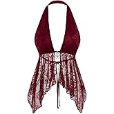 Milumia Women's Sexy Lace Backless Halter Top Y2k Sheer Mesh Split Going Out Crop Tops