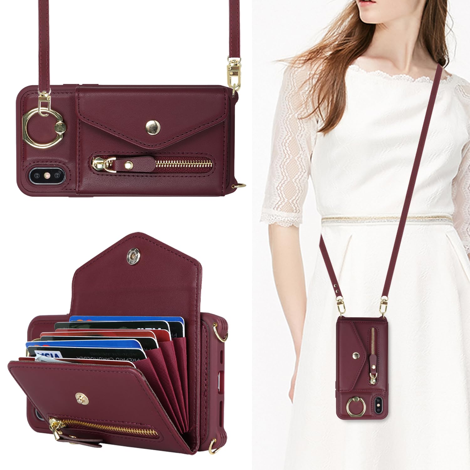 SailorTech iPhone XS Max Case with Zipper Credit Card Holder for Women, iPhone XS Max Phone Leather Case Ring Stand with Card Slots Kickstand Wallet Crossbody for iPhone XS Max-Burgundy