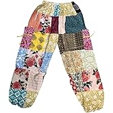 YILLE Harem Yoga Pants for Women, Boho Gypsy Patchwork Trousers with Pockets, Flowy Hippie Palazzo Beach Pants - One Size