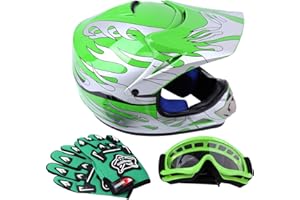 Sange DOT Youth Kids Offroad Helmet Motocross Helmet Dirt Bike ATV Motorcycle Helmet Gloves Goggles Compliant with FMVSS 218(Green, Small)