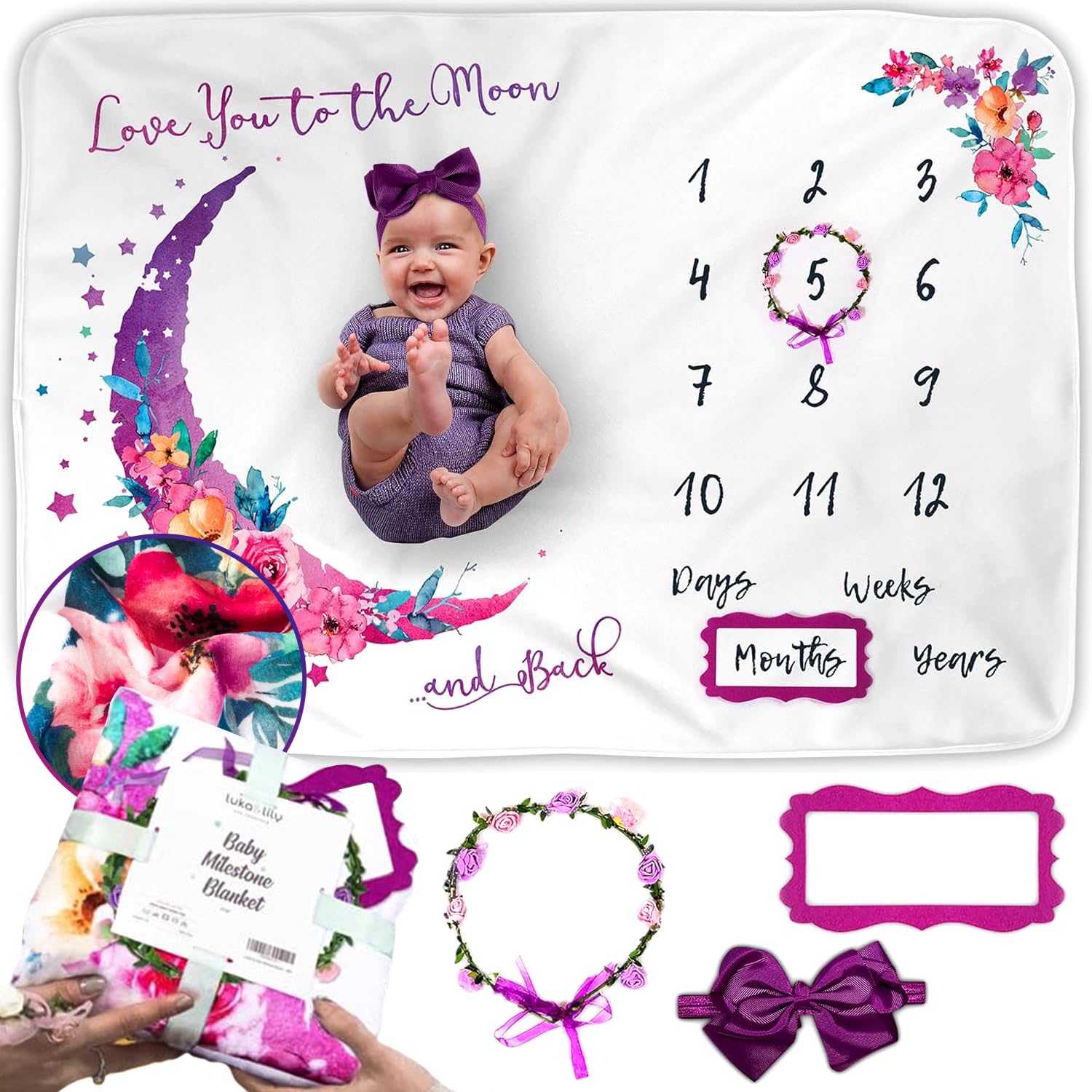 Luka&Lily Baby Monthly Milestone Blanket Girl - 150 x 100 cm Pink Moon Themed Month Blankets for Girls - First Year Calendar Growth Chart - Shower Gifts for New Moms