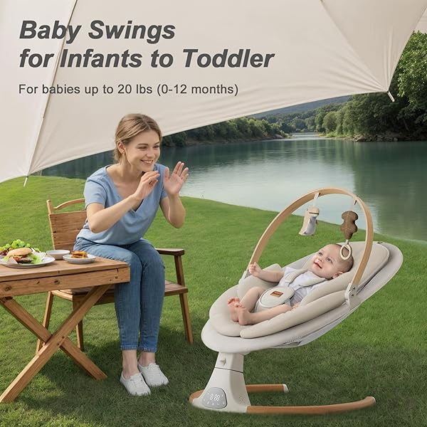 BABY SWINGS FOR INFANTS, MONAMII BABY SWING, INFANT SWING WITH 5 SPEEDS, 10 LULLABIES, ELECTRIC SWING FOR BABY, INDOOR & OUTDOOR USE (BEIGE)