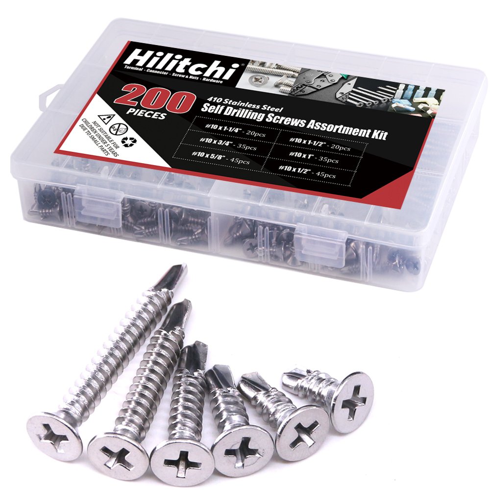 Hilitchi 410 Stainless Steel #10 Flat Head Phillips Self Drilling Screws Sheet Metal Tek Screws Assortment Kit, Modified Truss Head Self Driller - SIZE: #10 x 1/2'' - 1-1/2'' - Pack of 200