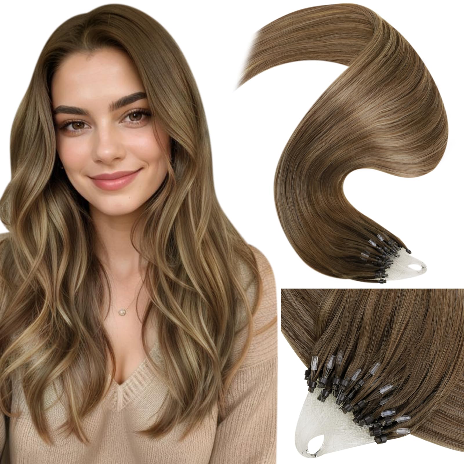 LaaVoo Human Hair Extensions Micro Ring 20 Inch Real Brown Remy Straight Balayage Light Brown & Dark Blonde Invisible Micro Beads Hair Extensions 50g 50s #8/16/8