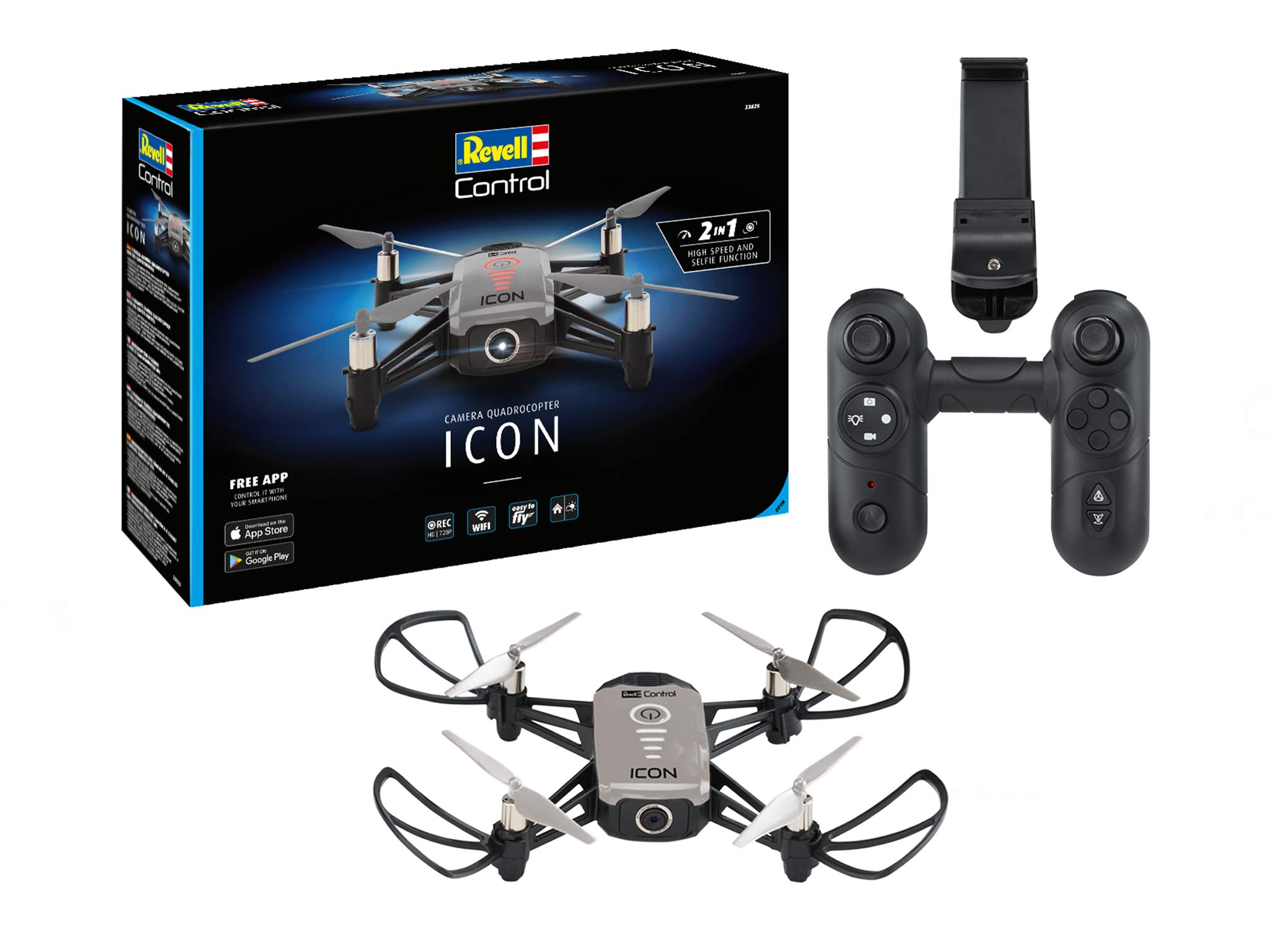 Revell Control 23825 Remote Control Camera Quadcopter "Icon" With Precise 2.4 GHz Control, Gesture Control, Optical Flow, Selfie Function, High Speed, Gyro, 720P Camera, 16cm in length