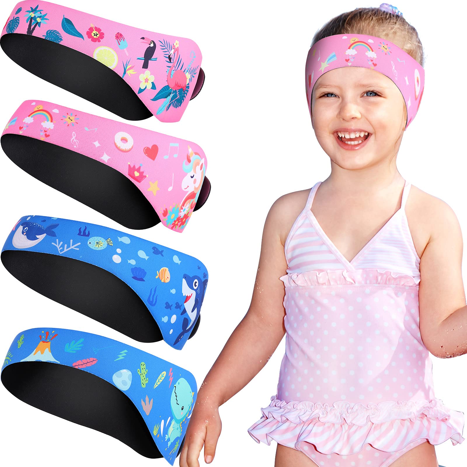 Photo 1 of 4 Pieces Swimming Ear Band Ear Protection Band Swim Cap Waterproof Adjustable Swim Headband for Kids Over 7 Years Old(Pink, Blue)
