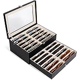 Huvon Glasses Storage Organizer Case with 24 Adjustable Slots, 2 Layer Multi Eyeglass Sunglasses Display Box with Lid Women
