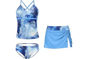 Kimoda Girls Swimsuits 3 Piece Tankini Bathing Suit Set Bikini Swimwear with Cover Ups Beach Skirt 6-12 Years