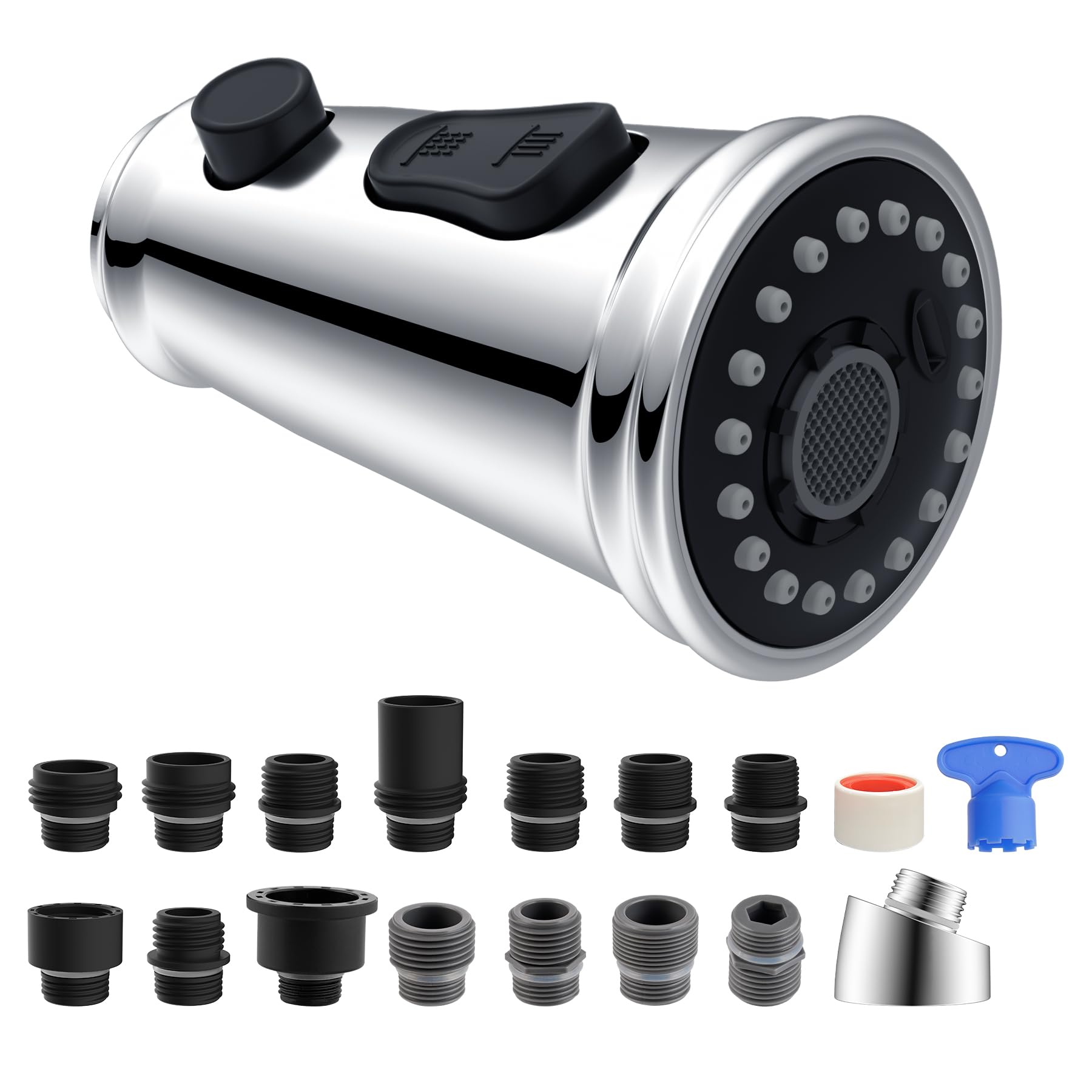 Photo 1 of Hibbent Pull Down Kitchen Faucet Head Replacement, 3-Function Kitchen Sink Faucet Head Sprayer Head Nozzle with 15 Adapters, Compatible with Moen, American Standard, Delta, Kohler Faucets-Chrome