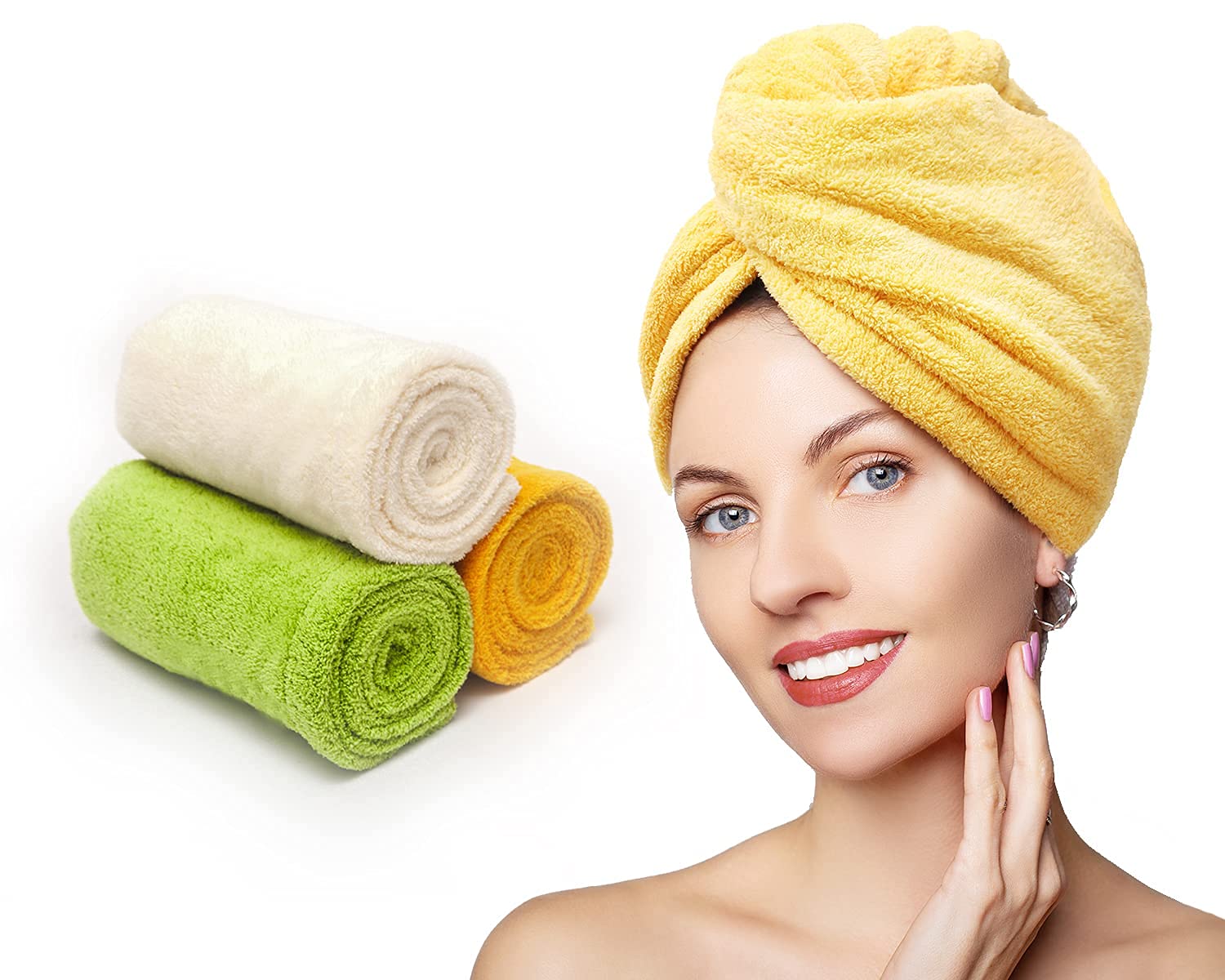 Microfiber Hair Towel, MEETRUE 3 Packs Hair Towel Wrap for Hair Drying Super Absorbent Magic Instant Dry Hair Turban for Women Long Curly Thick Wet Hair, Yellow White Green : Beauty