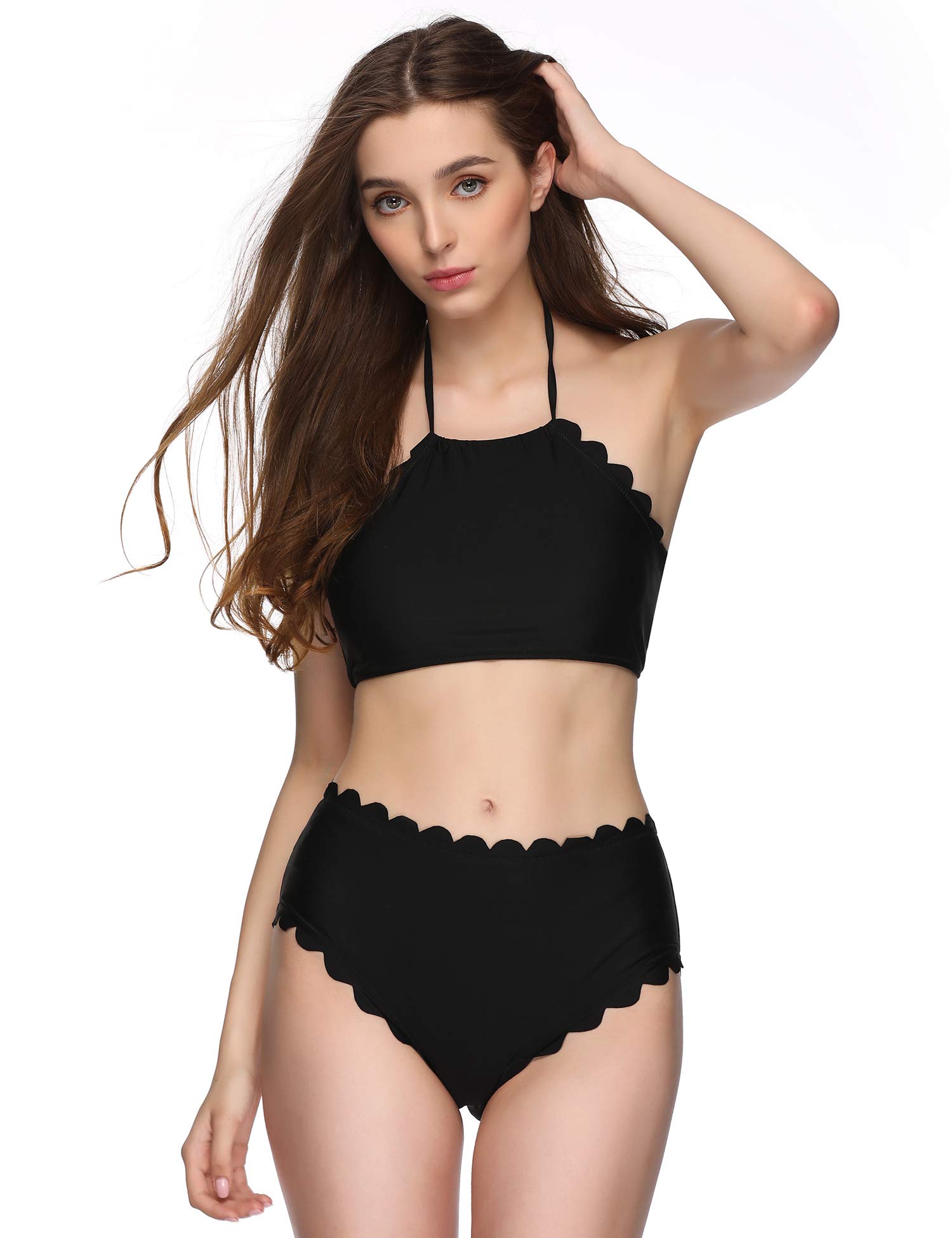 Verano Playa Women\'s Swimsuits High Neck Halter Bathing Suits Two Piece Floral Printed Bikini Set with Wave Edge Black