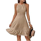 SweatyRocks Women's Ruffle Backless Lace Dress Halter Sleeveless Summer Dresses