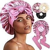 1+3 Large Satin Bonnets with Scrunchies for Women, Double Layer Hair Bonnet Tie Bonnet for Sleeping Braids Curly Hair