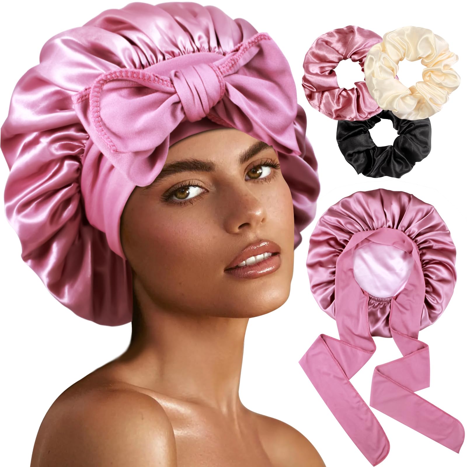 Photo 1 of **PARTIAL SET / SCRUNCHIES ONLY*** 1+3 Large Satin Bonnets with Scrunchies for Women, Double Layer Hair Bonnet Tie Bonnet for Sleeping Braids Curly Hair, A