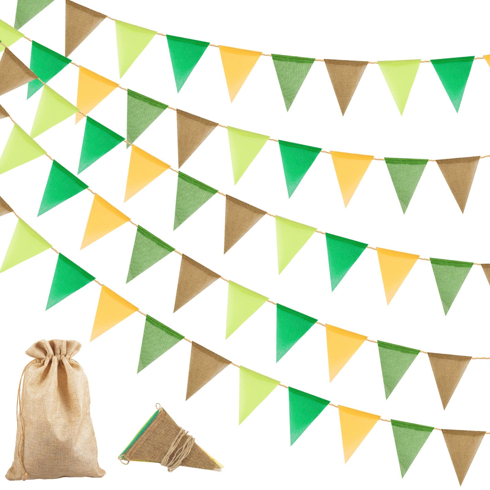 20M/65FT Burlap Bunting Banner, 60PCS Hessian Triangle Flag with Drawstring Bag, 15x19 CM Outdoor Bunting, Reusable Linen Pennant Garland for Wedding Garden Baby Shower Birthday Parties (Green)