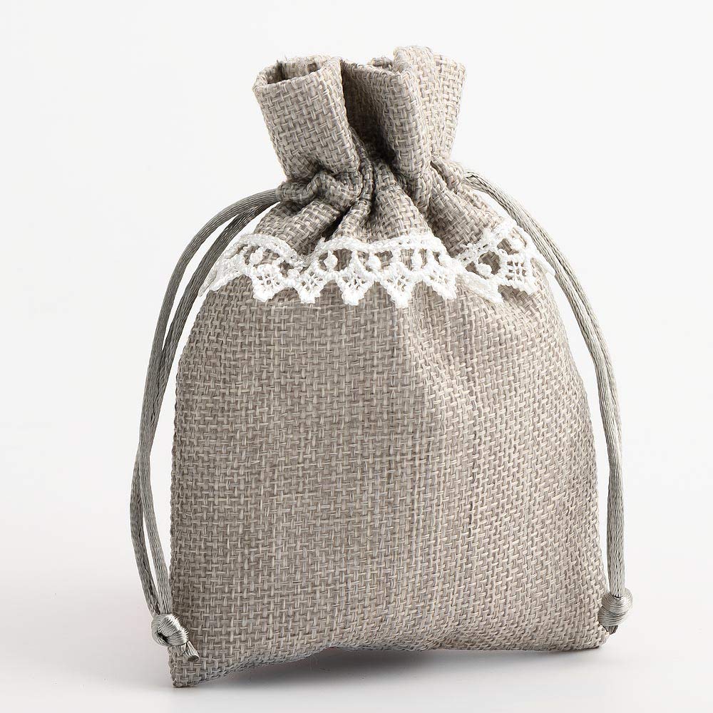 Pack of 10 - Grey Linen Wedding Favour Bags with White Lace - 10 x 14cm