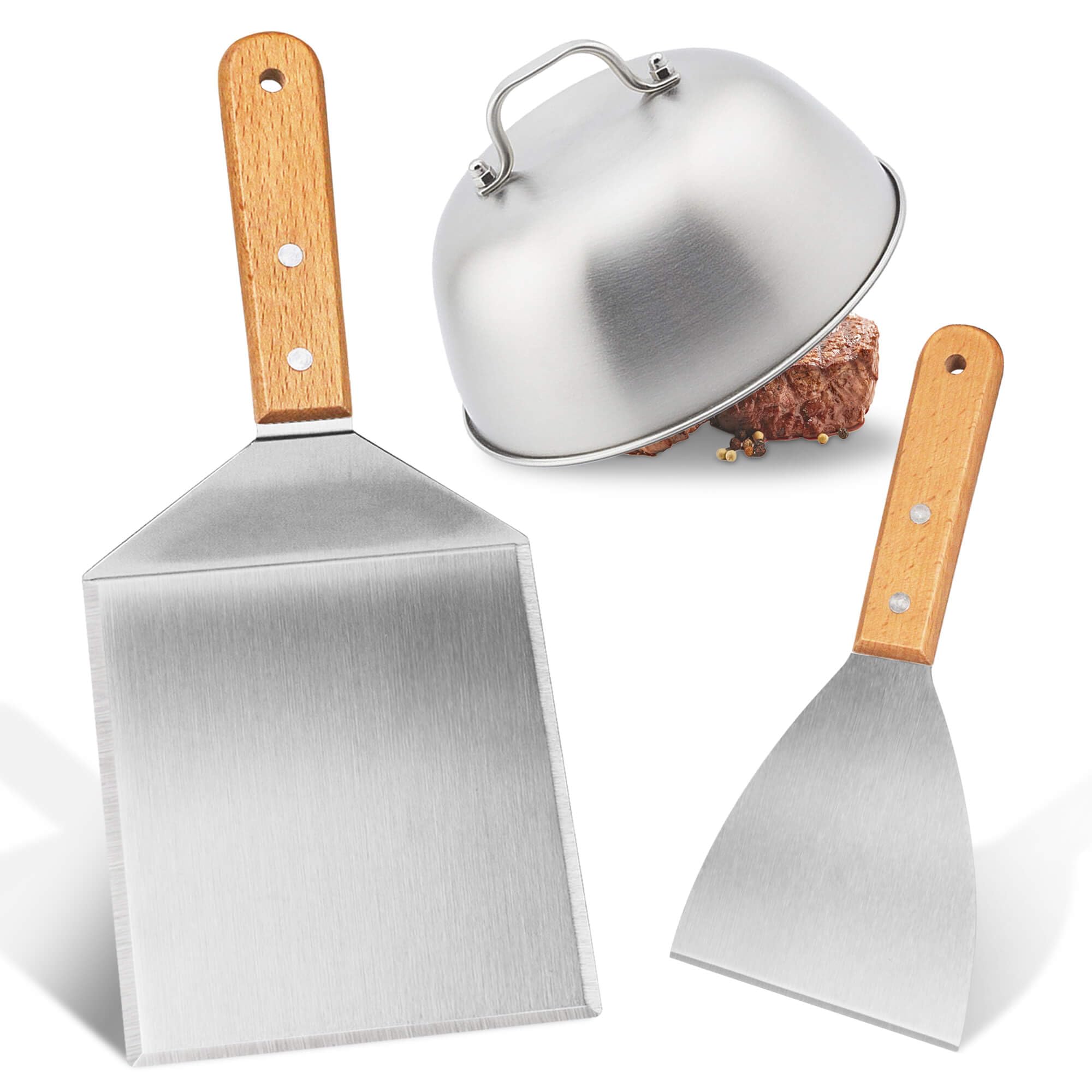 Set of 3 Burger Set, Stainless Steel Grill Spatula, Grill Turner with Burger Cover, Spatula with Wooden Handles for Burger Press, Teppanyaki, Barbecue, Steak, Pizza