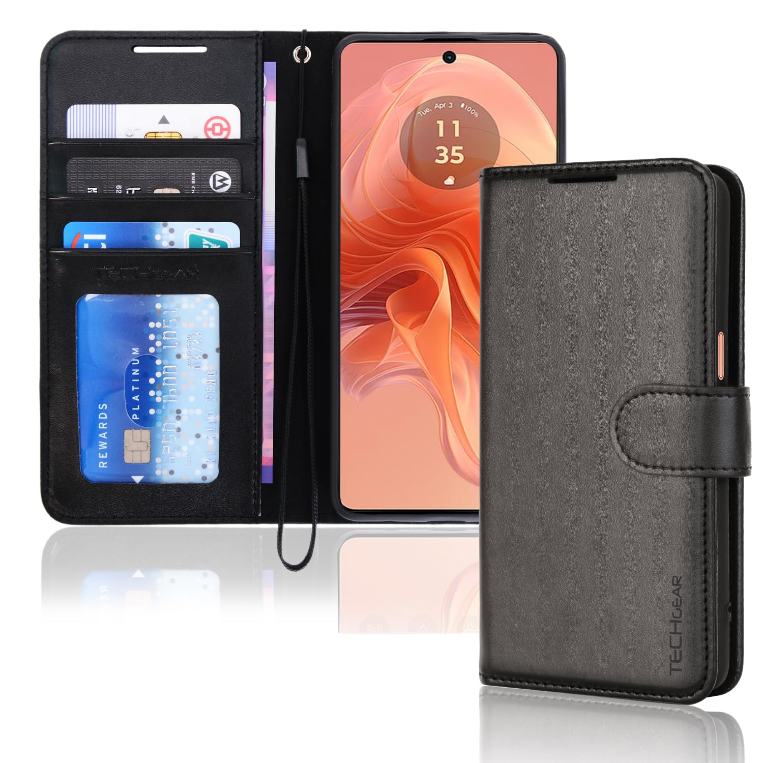 TECHGEAR Moto G04 / Moto E14 / Moto G24 / Moto G04s Phone Leather Wallet Case, Flip Protective Cover with [RFID BLOCKING] Wallet Card Holder, Stand & Wrist Strap, Black PU Leather with Magnetic Clasp