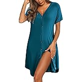 Ekouaer Women's Button Down Nightgown Short Sleeve Sleepshirt V Neck Night Shirt Soft Pajamas Dress with Pockets