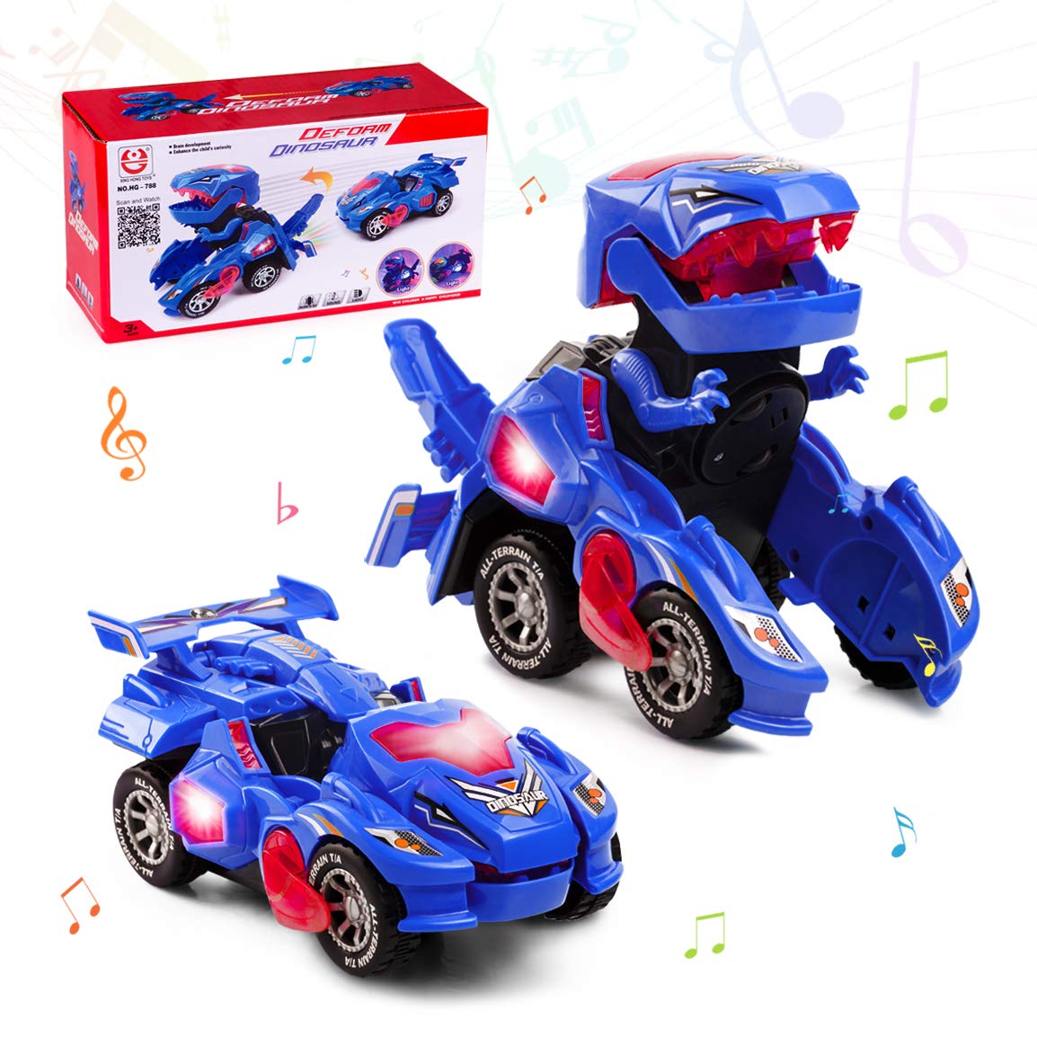 Highttoy Transforming Dinosaur Toys for Boys Age 3-7, Electric Automatic Transforming Dinosaur Car with Flashing Lights & Music, Dino Toy Gifts for Kids, Blue