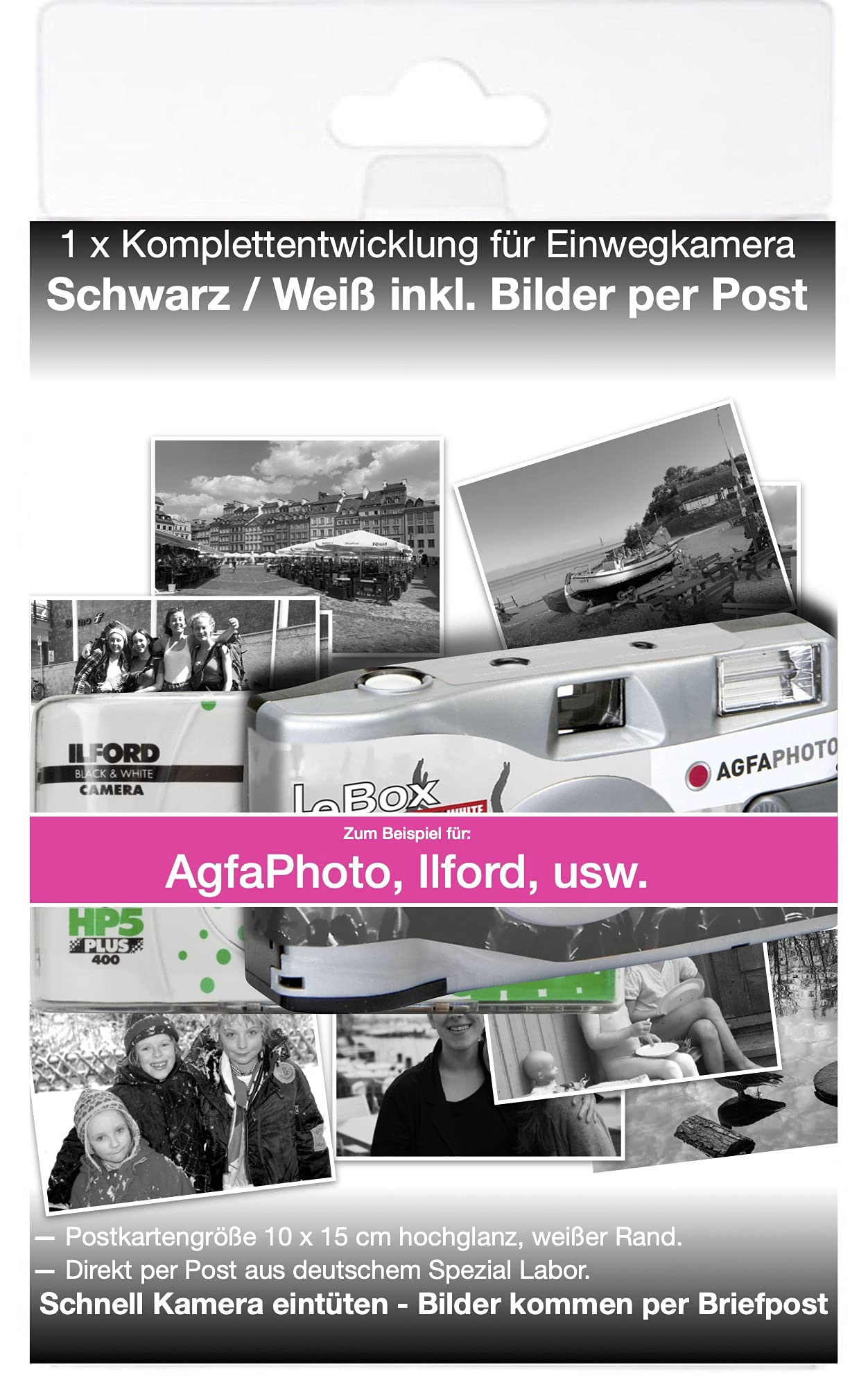 High Gloss Black/White Development by Post - for Single Use - Disposable Cameras up to 36 Pictures 10 x 15 Postcard Size