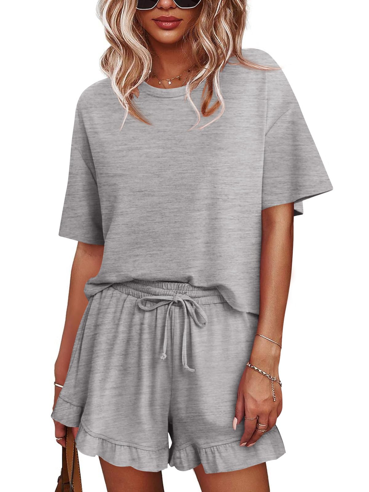 Photo 1 of Tankaneo Womens Pajamas Set Lounge Sets Cropped Short Sleeve T Shirts Drawstring Ruffle Shorts Soft Sleepwear, Grey, X-Large