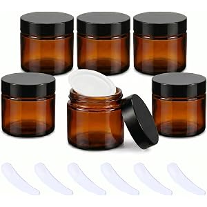 Lustervial 6Pack 2oz Small Amber Glass Jars with Lids, Lotion Container, Cosmetic Containers, Little Travel Jars for Creams w