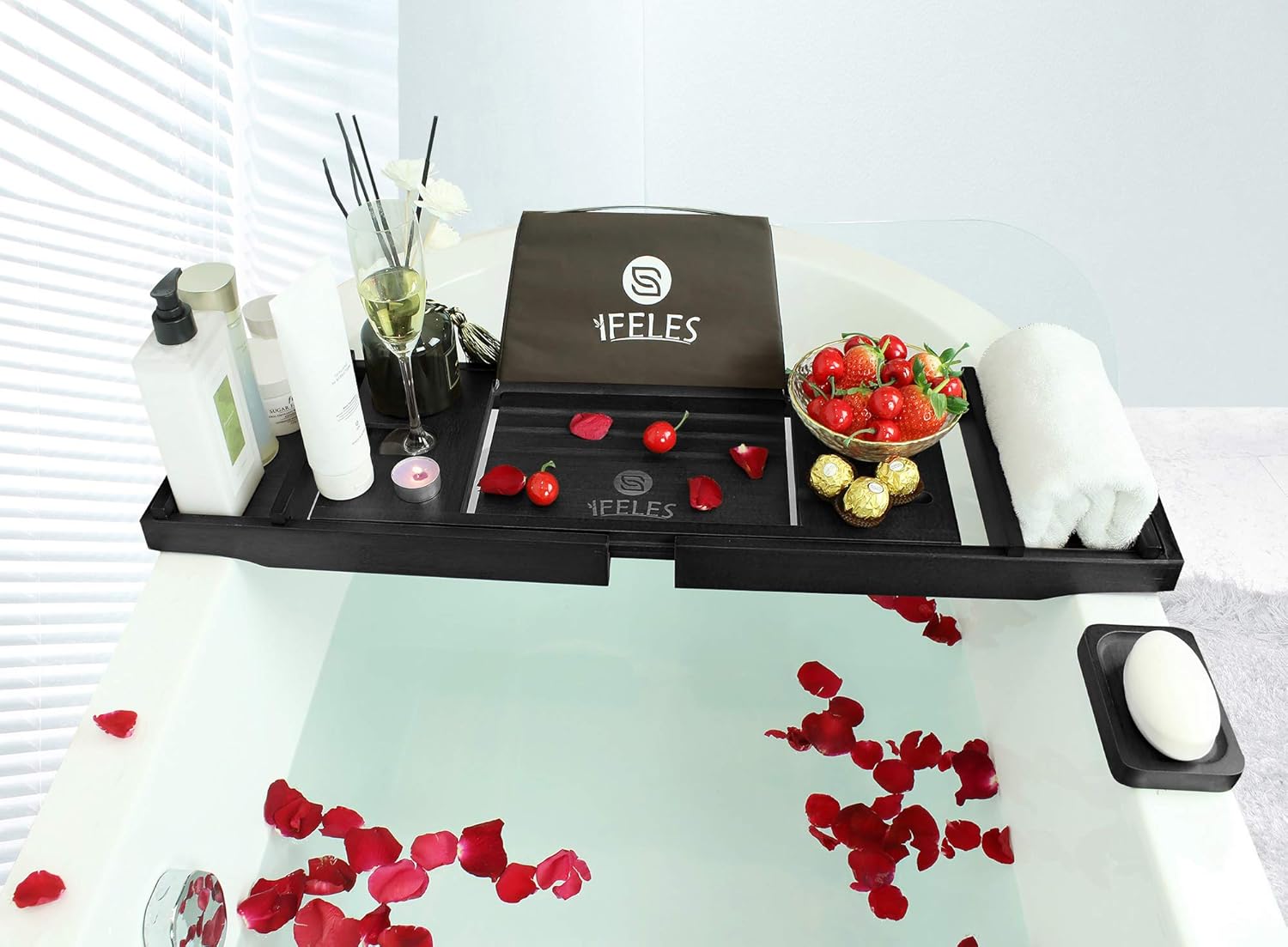 IFELES Luxury Bathtub Caddy Tray, One or Two Person Bath and Bed Tray, Bonus Free Soap Holder (Black Bamboo Color…: Kitchen & Dining
