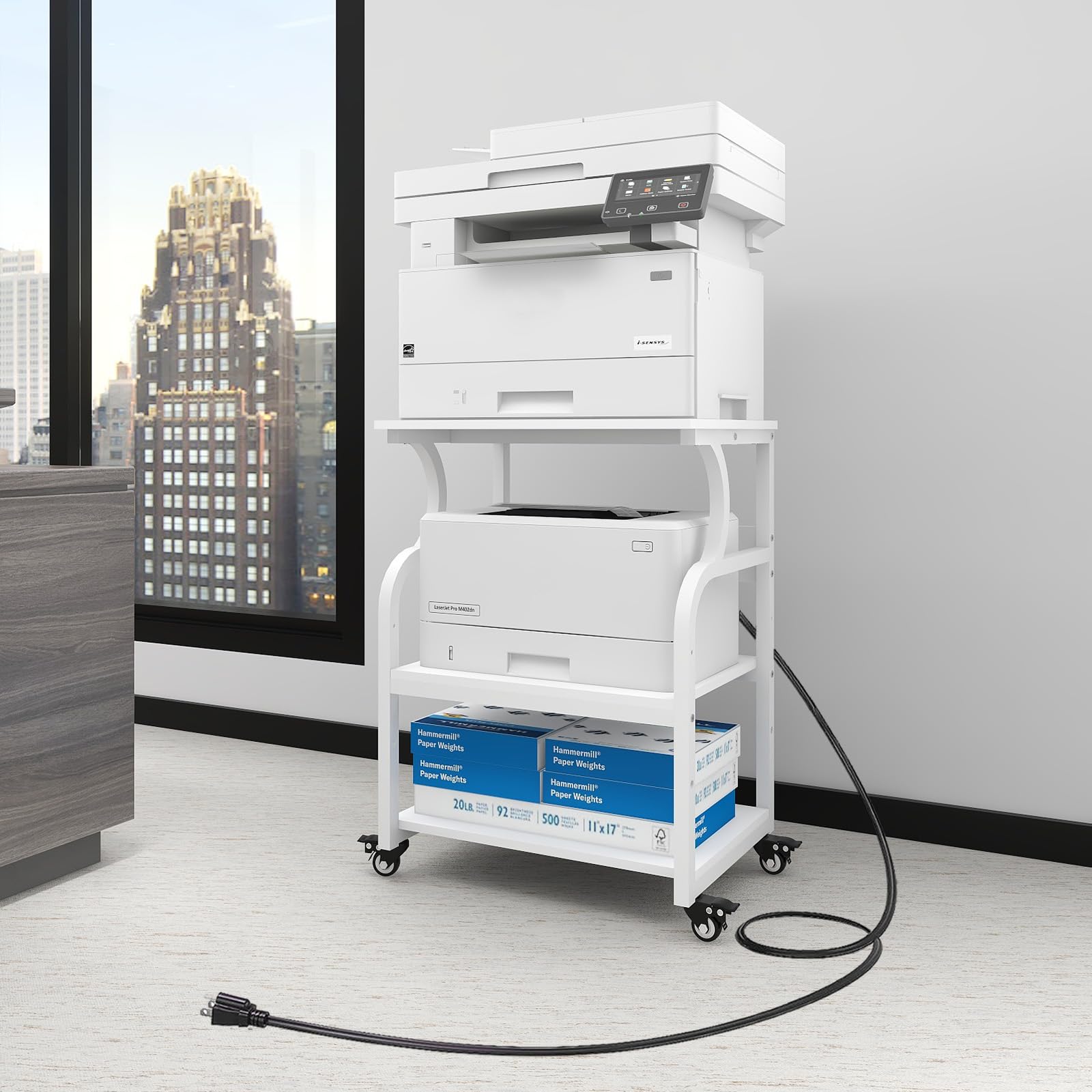 Photo 1 of Natwind Large Printer Stand, 24''x20''x29'' Printer Table with Adjustable Storage Shelf, 3 Tier Rolling Cart with Wheels, Multifunctional Home Office Shelves for Heat Press, 3D Printer (White)