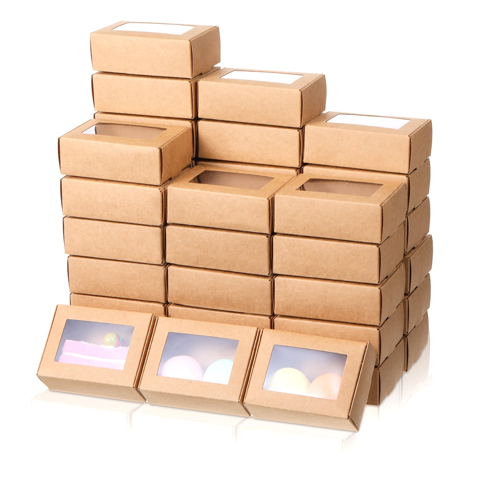Photo 1 of 100 Pcs Soap Packaging Boxes with Window, 3.55x2.4x1.2 Inch Small Kraft Soap Soap Packaging Boxes, Mini Soap Gift Boxe for Wedding, Birthday, Party, Bakery Candy Cookies Packaging, Easy to Assemble