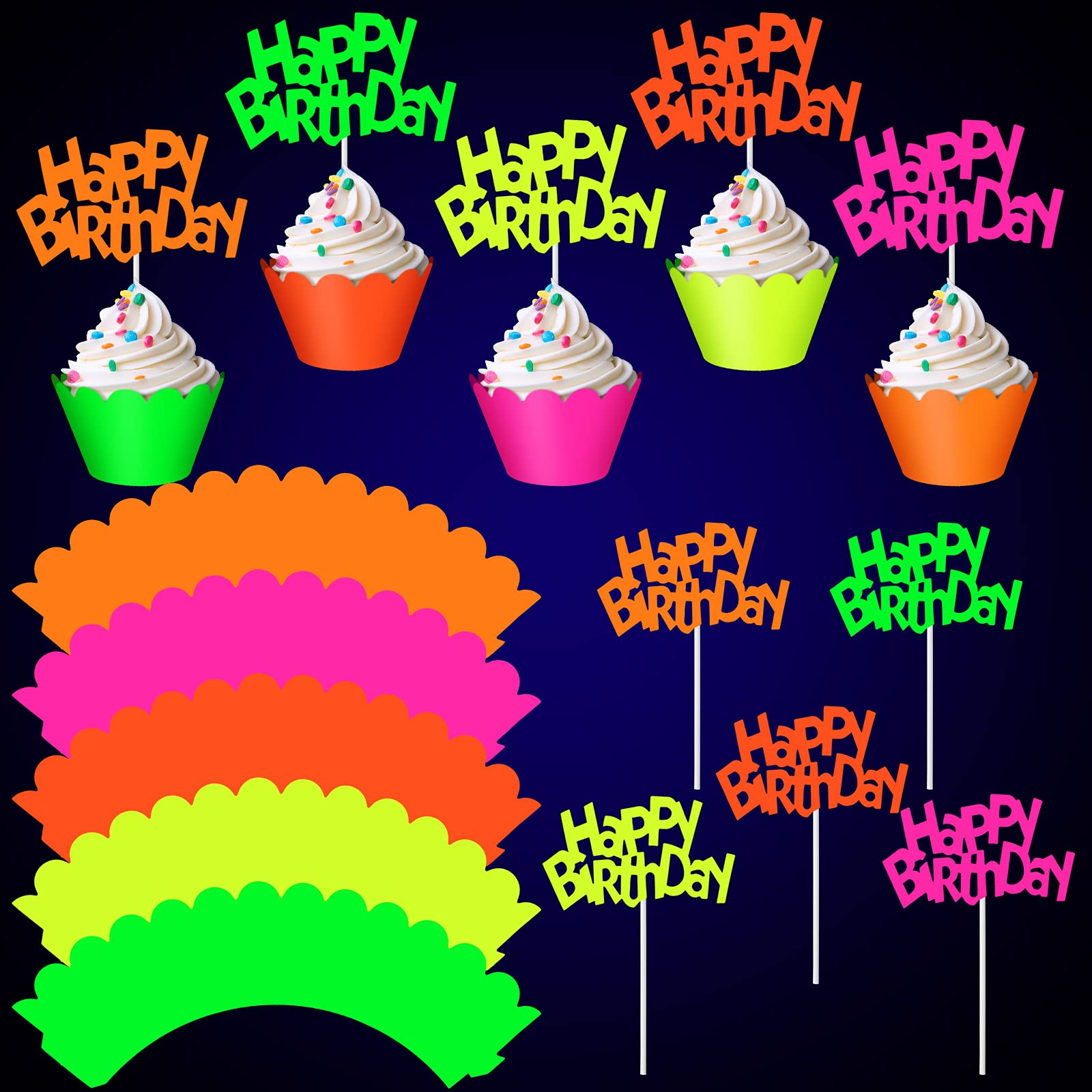 Photo 1 of Marspark 40 Pcs Glow in the Dark Neon Cupcake Toppers Glow Party Supplies Neon Cupcake Wrappers for Birthday Party Wedding Decorations Blacklight Reactive