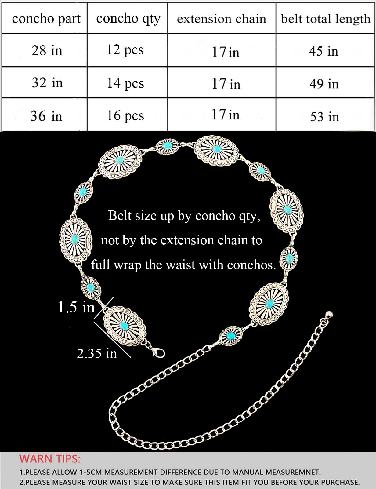 TOPACC Western Metal Concho Belt for Women Cowgirl Chain Belts for Dresses Jeans Country Concert Outfit