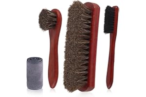 Three Horses Horsehair Shoe Brush 4 Pcs 100% Horsehair Premium Shoe Cleaning Kit with Microfiber Cloth Leather Boots Shoes Ca