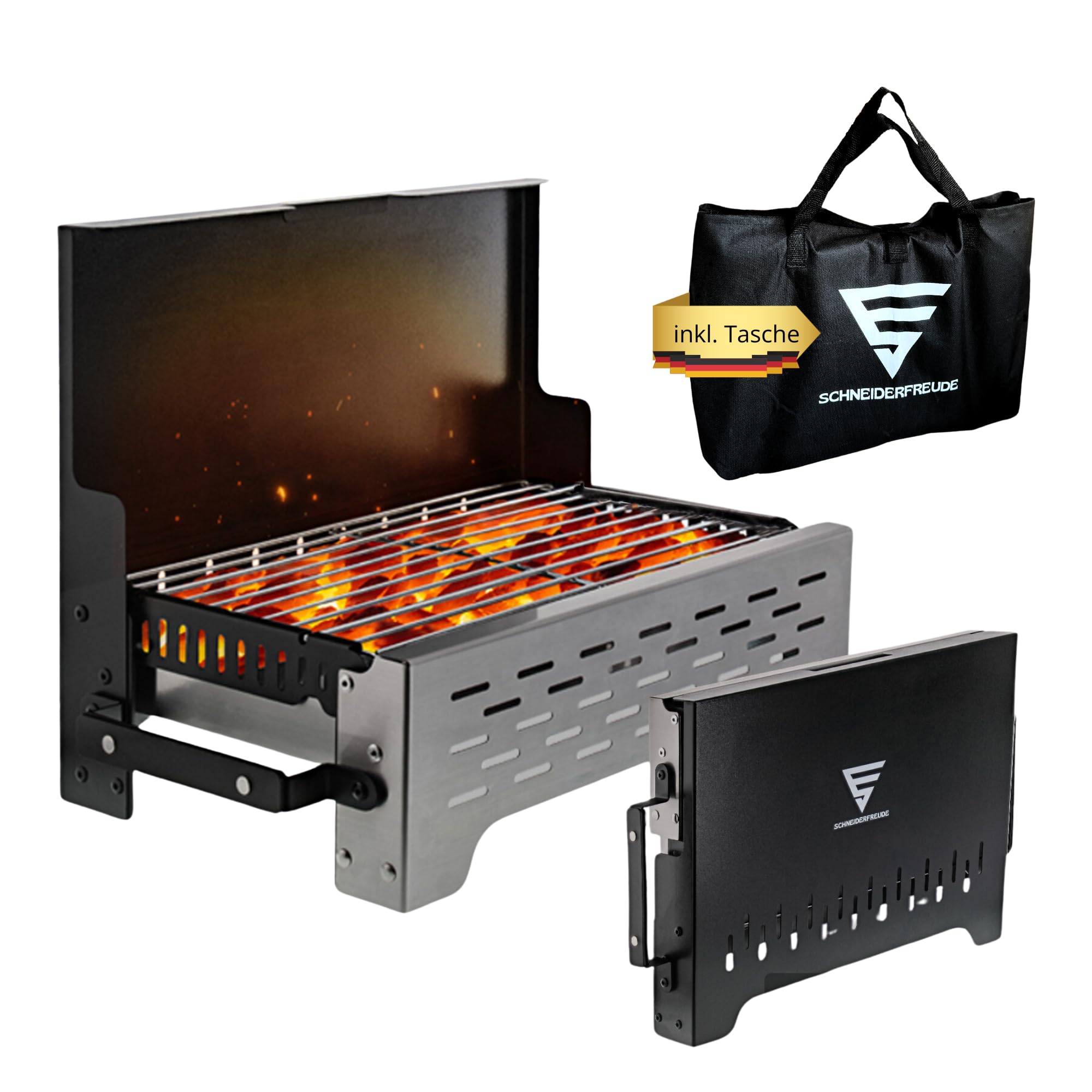 SCHNEIDERFREUDE Premium Klappgrill mit Tasche: DEKRA-zertifizierter Camping-Grill für echte Grillfans - Designed in Deutschland für das ultimative Outdoor-Erlebnis
