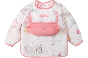 usbettas Long Sleeve Bib with Silicone Catch Pocket, Waterproof Feeding Bibs for Toddlers, Machine Washable, Baby Smock Bib for Mealtime & Playtime (6-12 Months, Village)
