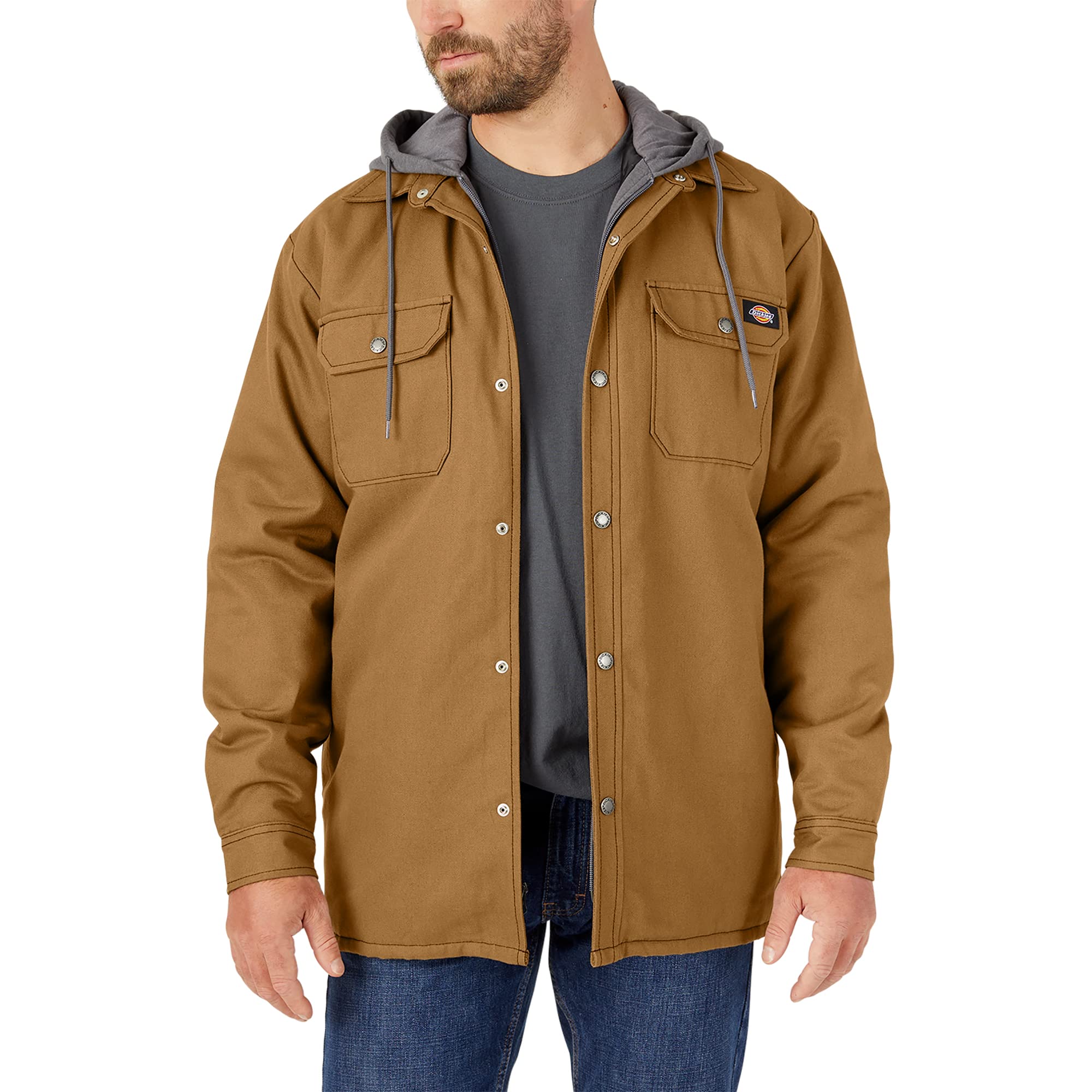 Dickies mens Fleece Hooded Duck Shirt Jacket With Hydroshield Work Utility Outerwear, Brown Duck, Large US