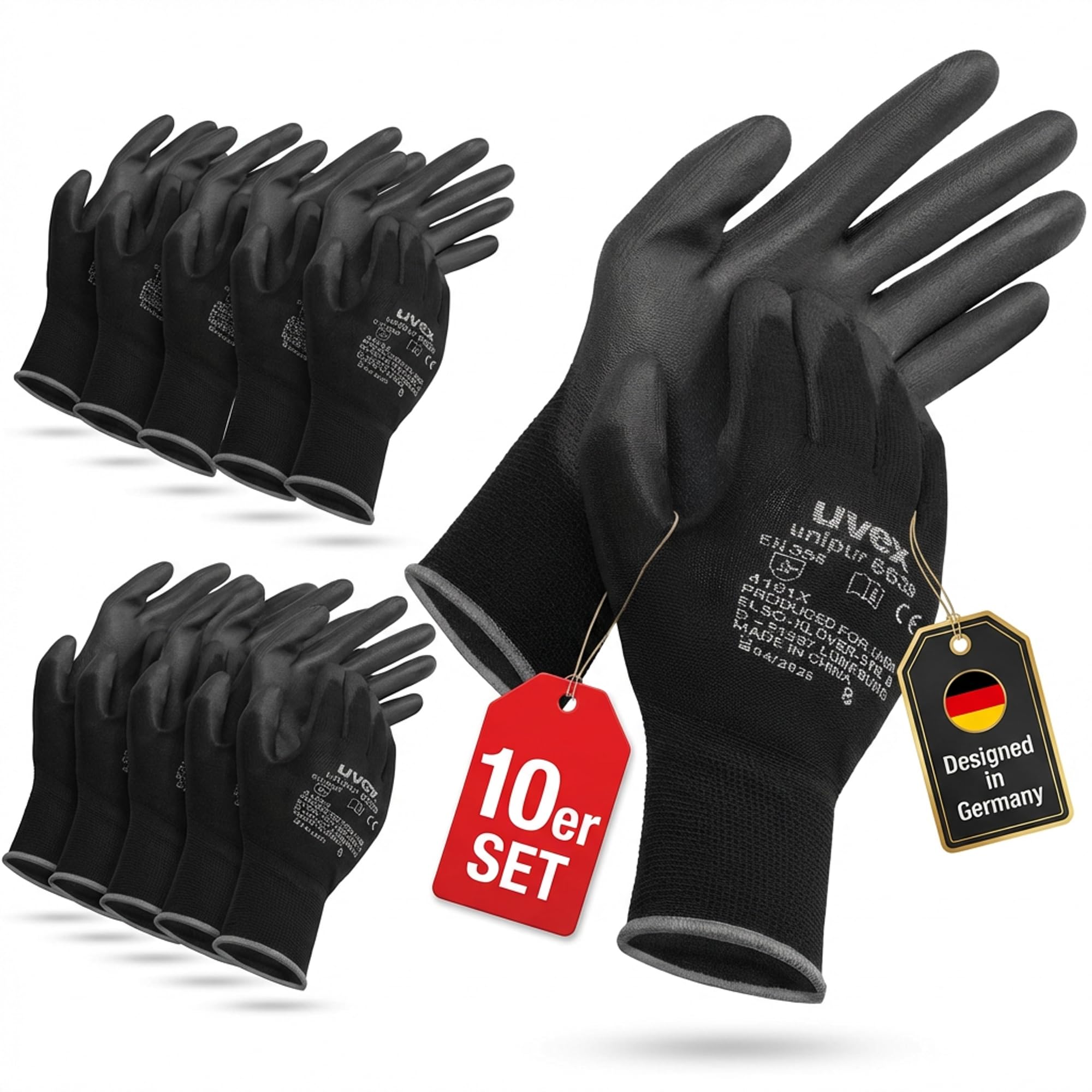 Uvex unipur 6639 Protective Gloves, 10 Pairs Work Gloves/Assembly Gloves for Men and Women, Black, Size 08/M
