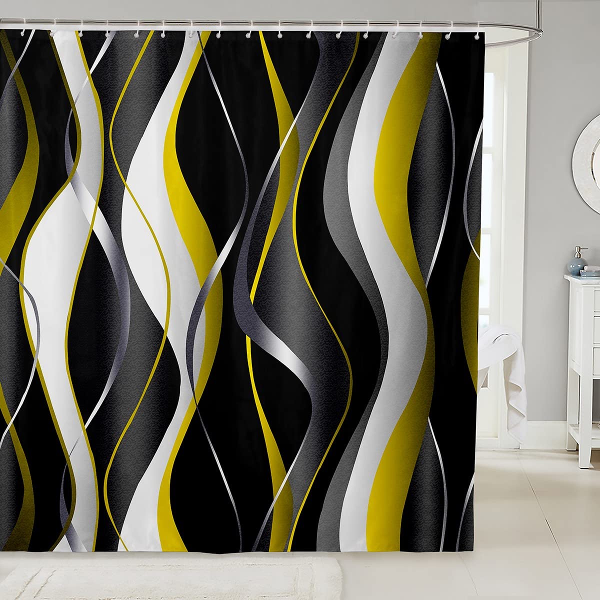 Yellow Grey Black Fabric Shower Curtains Geometric Spiral Pattern Shower Curtain for Boys Girls Abstract Art Bathroom Waterproof Accessories with 12 Hooks Modern Luxury Curtains,72x72 Inch — image 1