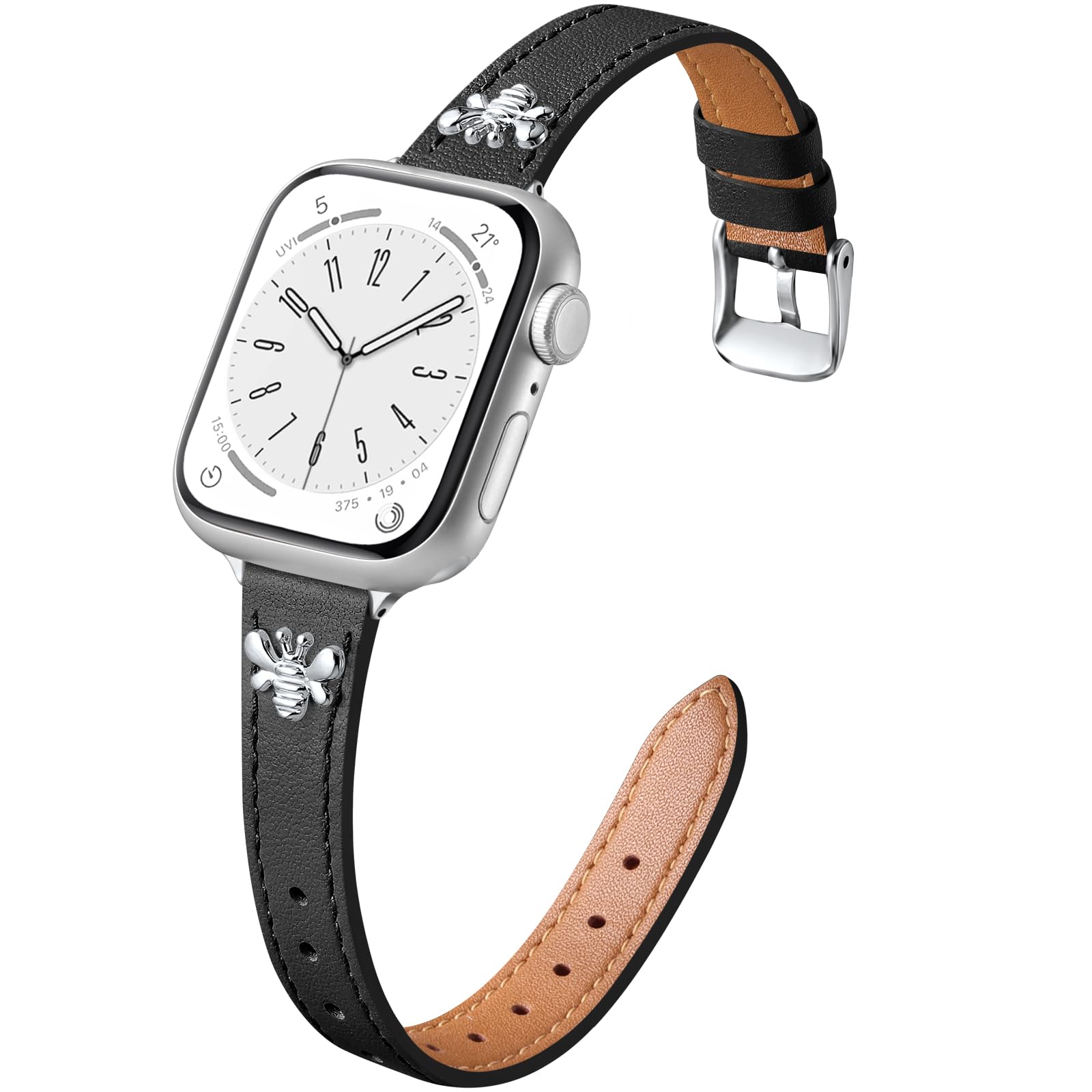 CeMiKa Slim Leather Straps Compatible with Apple Watch Strap 38mm 40mm 41mm 42mm, Thin Leather Replacement Band with Charm for Apple Watch SE/iWatch Series 10 9 8 7 6 5 4, Women Men, Black/Silver Bee