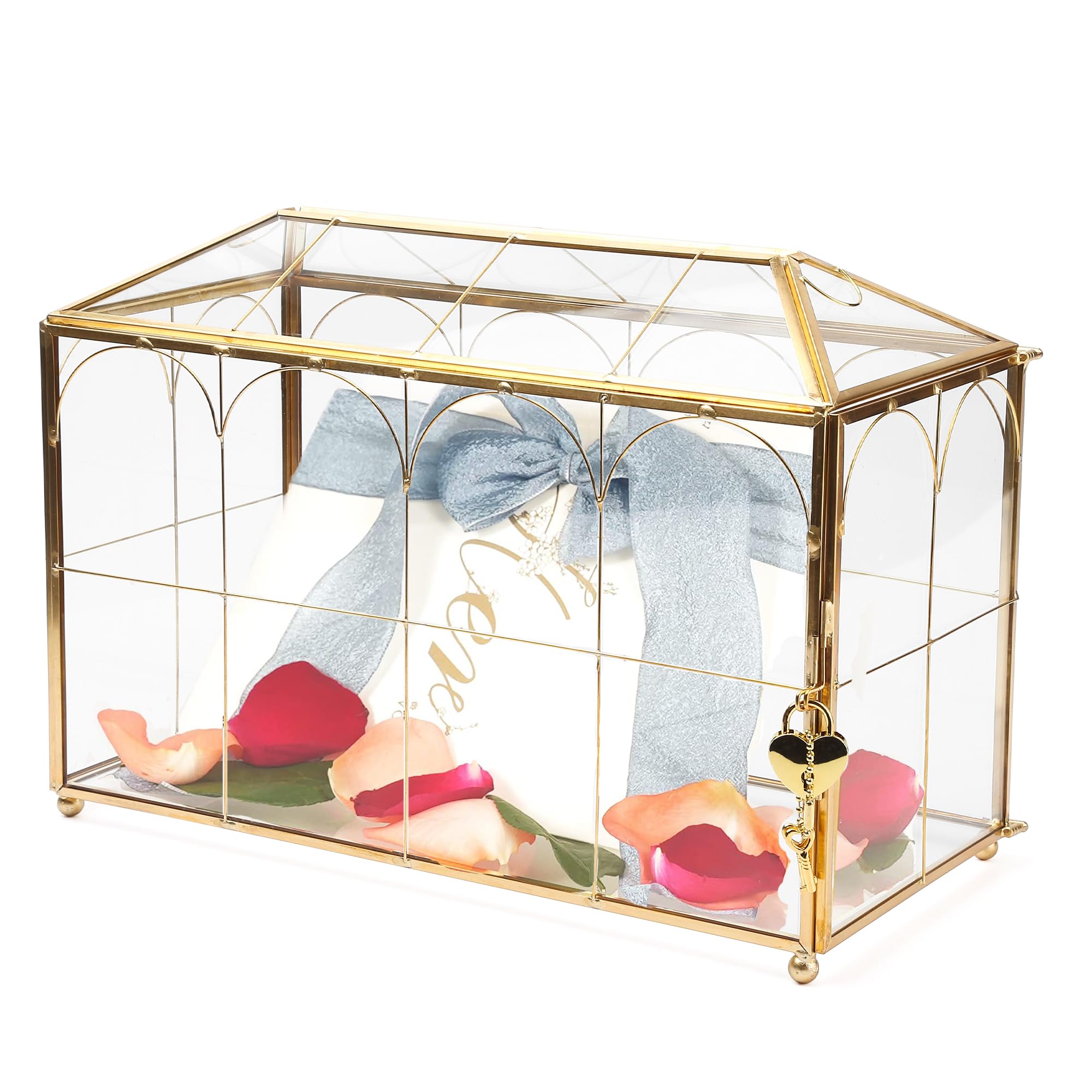 Photo 1 of WHSLILR 12.6" Glass Card Box Wedding Card Box with Lock for Wedding Reception Cosmetic Home Decor, Handmade Large Geometric Terrarium with Hinged Lid, Brass Frame - (Golden/House)